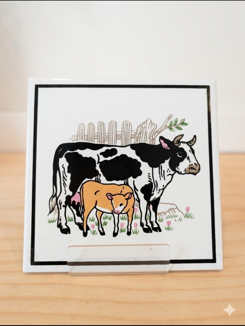 Vintage Cow and Calf Ceramic Trivet Hot Plate Cork Backing